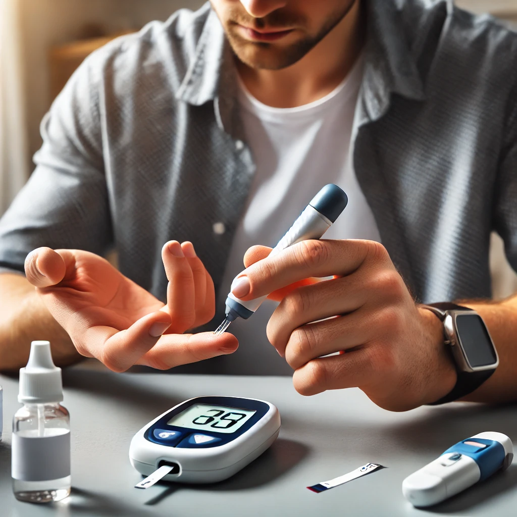 연속 혈당 측정기로 혈당을 측정하고 있는 모습