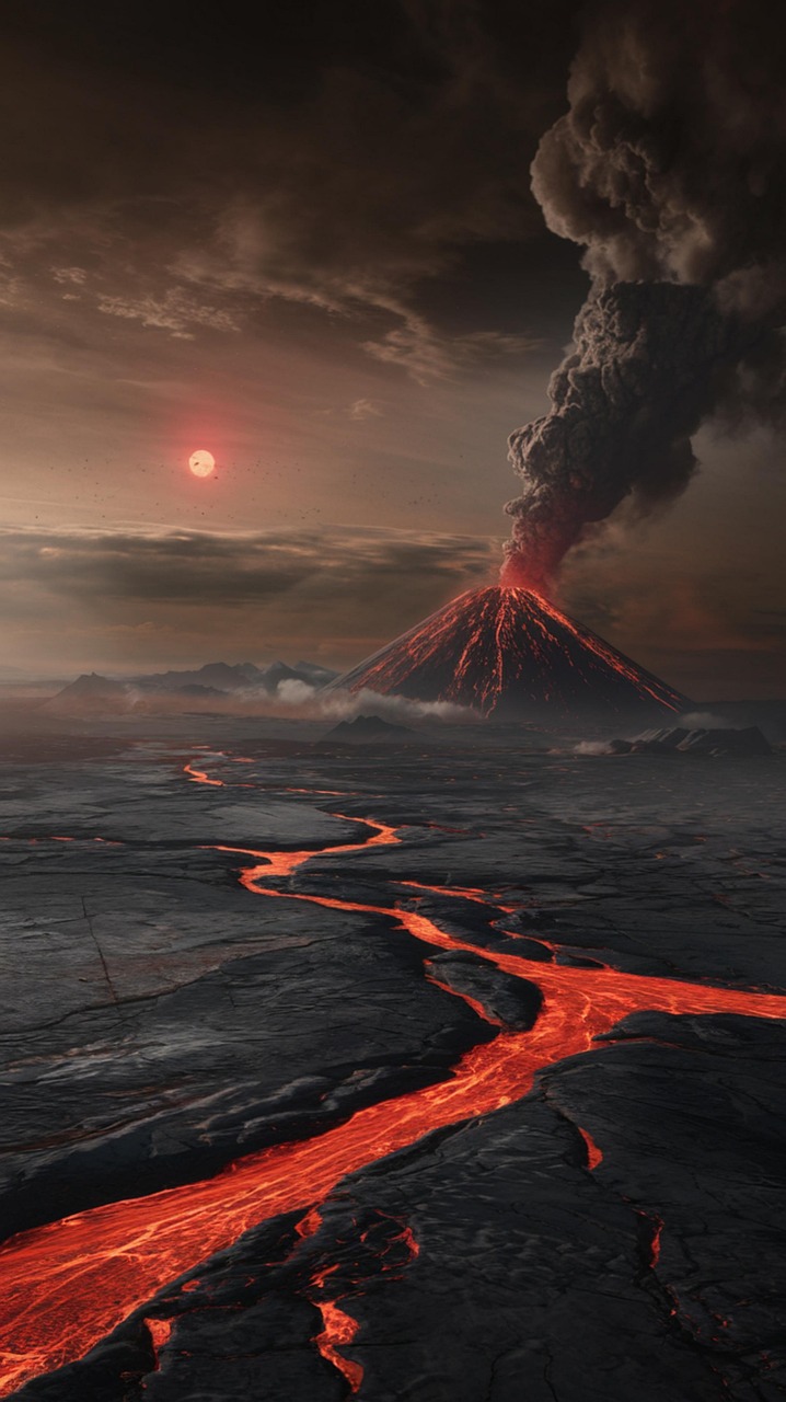 화산 분화와 함께 마그마가 길게 흘러나와 대지를 뒤덮은 이미지