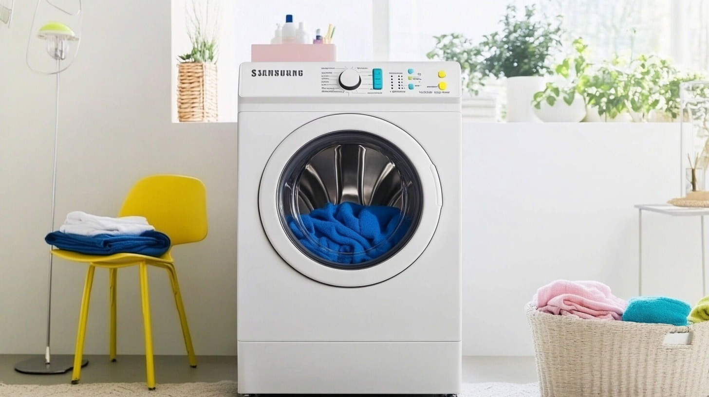25kg의 대용량 빨래를 처리하는 삼성 WF2522HDKKP 세탁기의 기능을 보여주는 아늑한 세탁실 장면