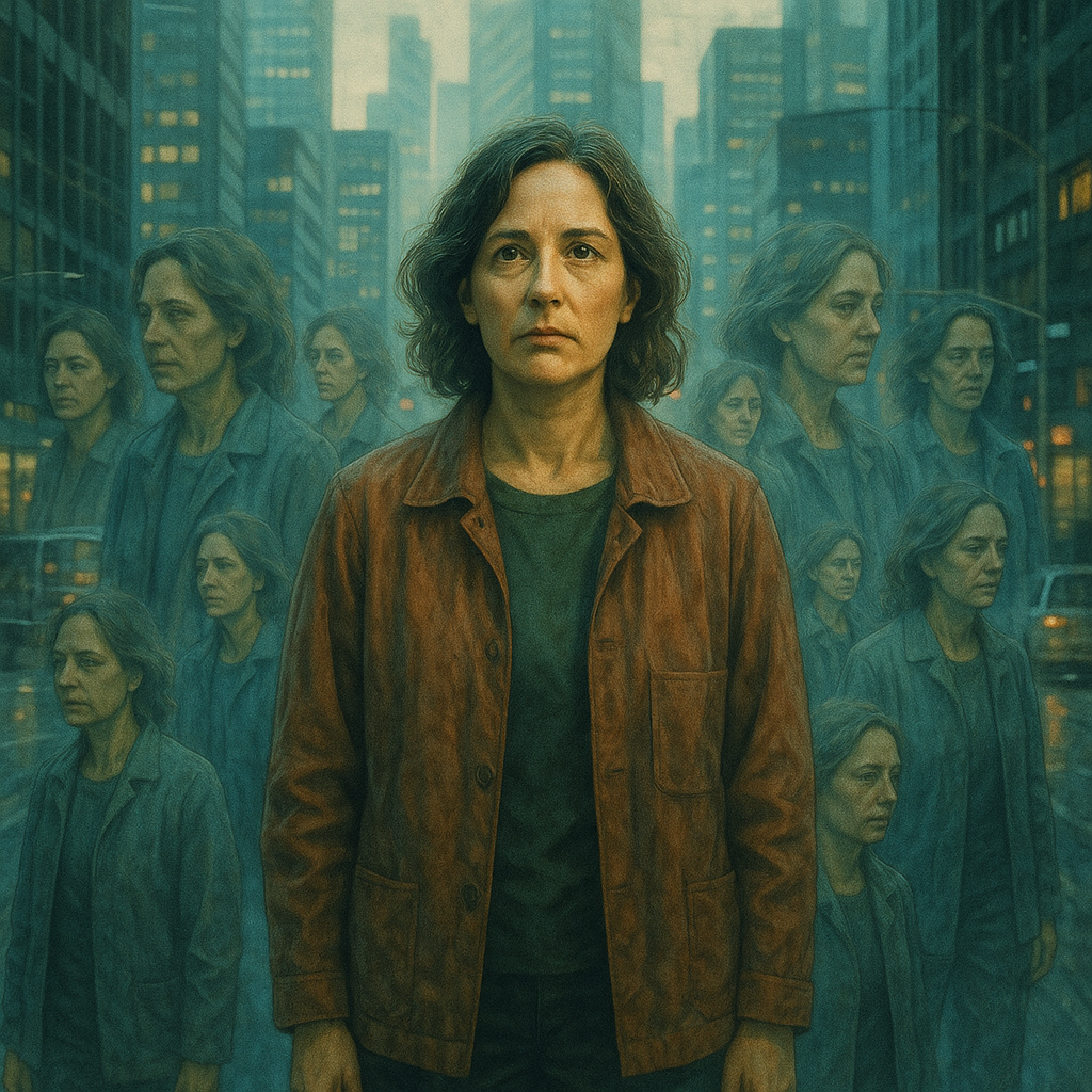 멀티버스가 겹쳐진 듯한 혼란스러운 도시 배경에 서 있는 중년 여성 이미지
