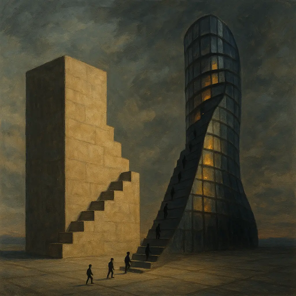 두 금융 구조물 앞에서 선택을 고민하는 인물들의 실루엣