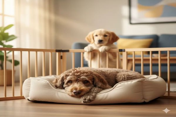 아늑한 방석 위에 갈색 푸들(노령견)이 편안하게 휴식하고 있다. 노령견은 낮은 원목 안전 펜스 안쪽에 있으며, 펜스 너머로 다른 어린 강아지(작고 밝은 색의 다른 견종)가 펜스 밖에서 노령견을 향해 조용히 바라보는 모습이다