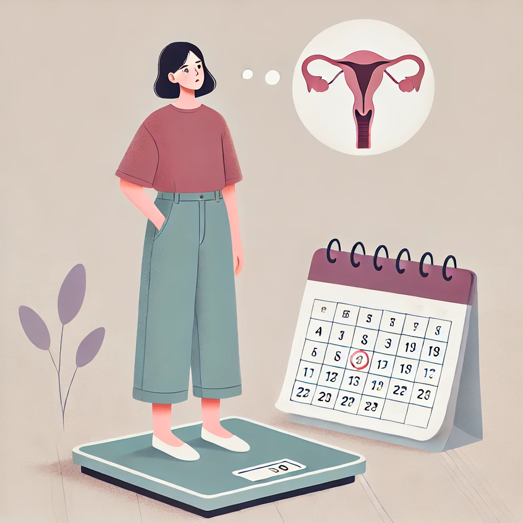 한 여성이 체중계에 올라서 있고 옆에는 달력이 펼쳐져있다. 생리예정이 지났는데 하지 않아서 걱정스럽고, 와중에 다이어트 중이라 심적으로도 많이 힘들어하고 있다.