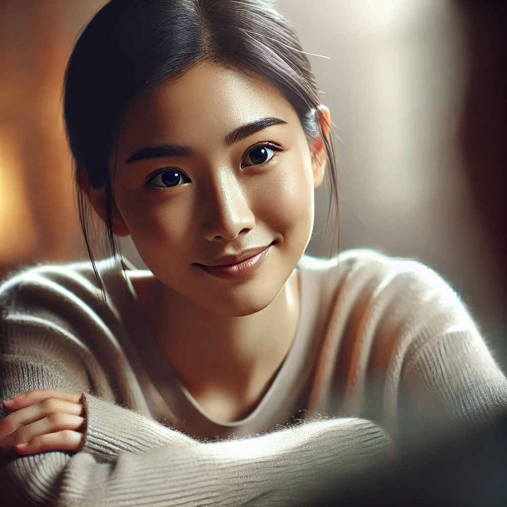 상대방의 말을 진지하게 들으며 공감의 미소를 짓고 있는 사람의 모습