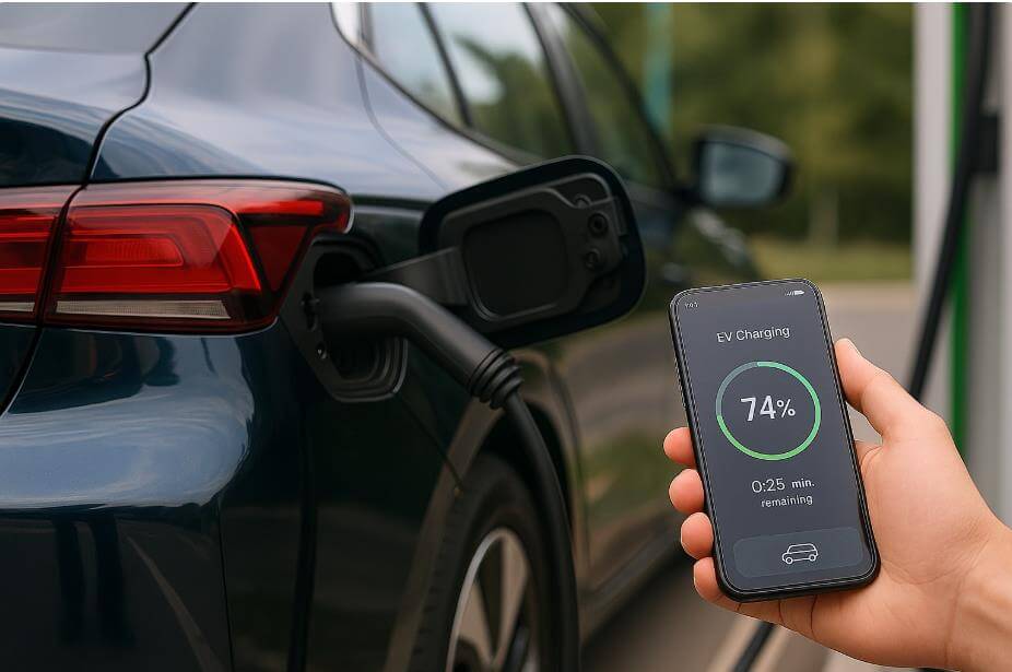 전기차 충전 중, 스마트폰에 배터리 잔량 74% 표시