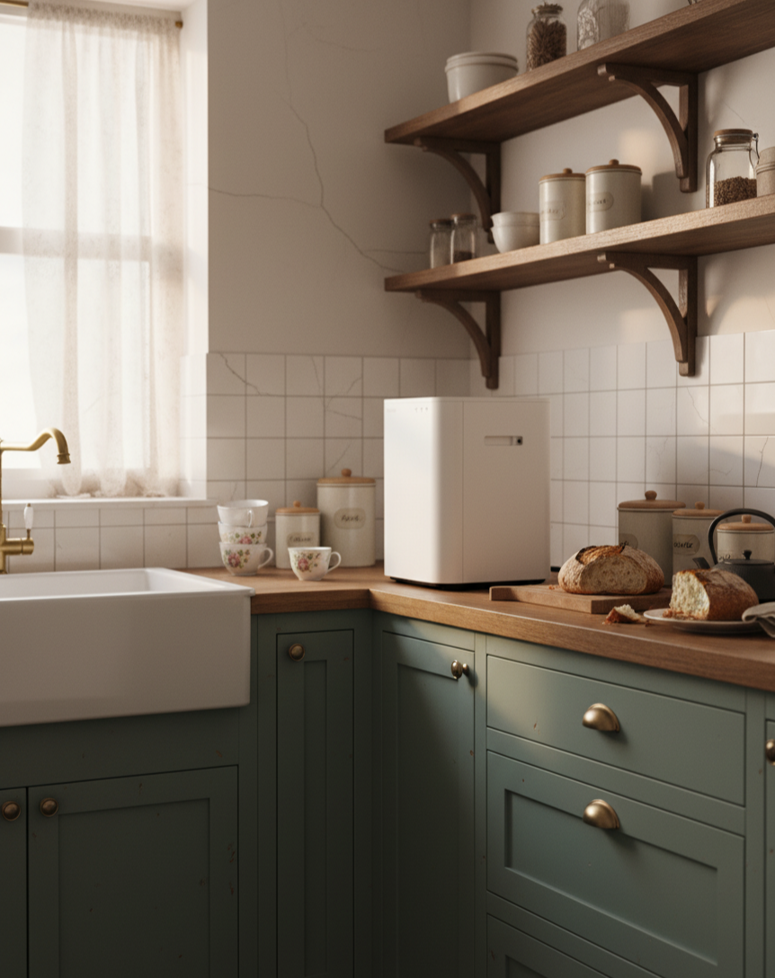 인더스트리얼 스타일의 주방에 음식물 처리기가 세련되게 어우러진 모습 