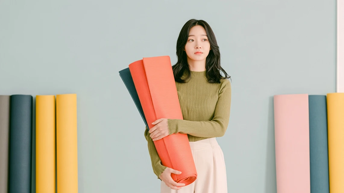 요가 수업에서 다른 회원과 인사를 나누는 사람
