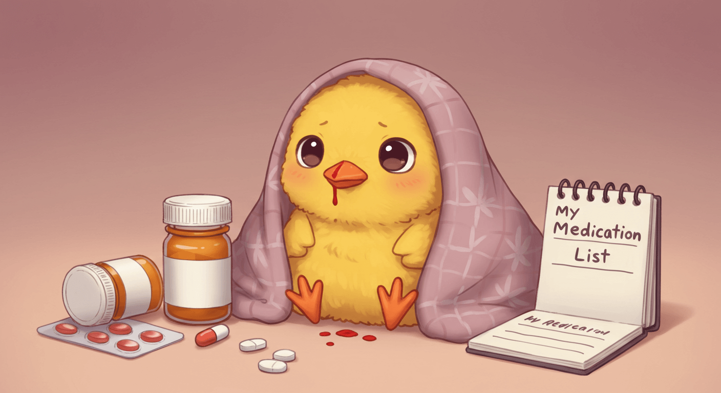 불안한 눈빛의 병아리가 담요를 덮고 코피를 흘리며 약 리스트 옆에 앉아 있는 모습