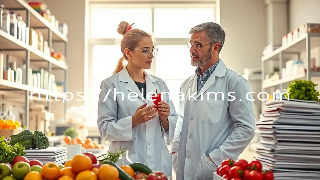 연구실을 배경으로 남성 연구원과 여성 연구원이 대화를 하고 있고, 주변에는 싱싱한 과일과 채소가 놓여 있고, 옆에는 연구 논문들이 놓여 있는 모습.