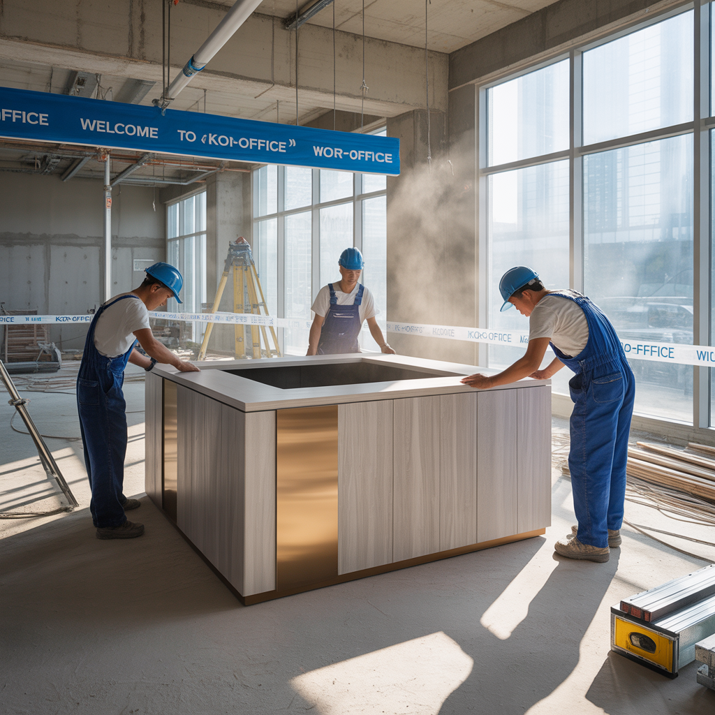 3명의 인테리어 작업자가 선반을 만드는 장면