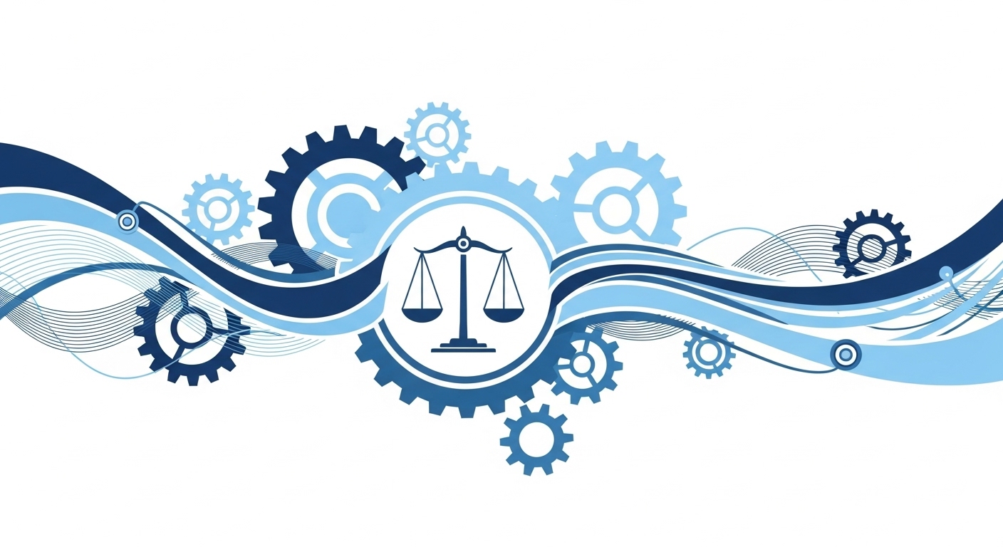 정의와 개혁을 상징하는 추상적인 푸른색 그림. 잘 돌아가는 톱니바퀴와 안정적인 균형 추가 조화를 이루며 사법 시스템의 발전을 나타냅니다.