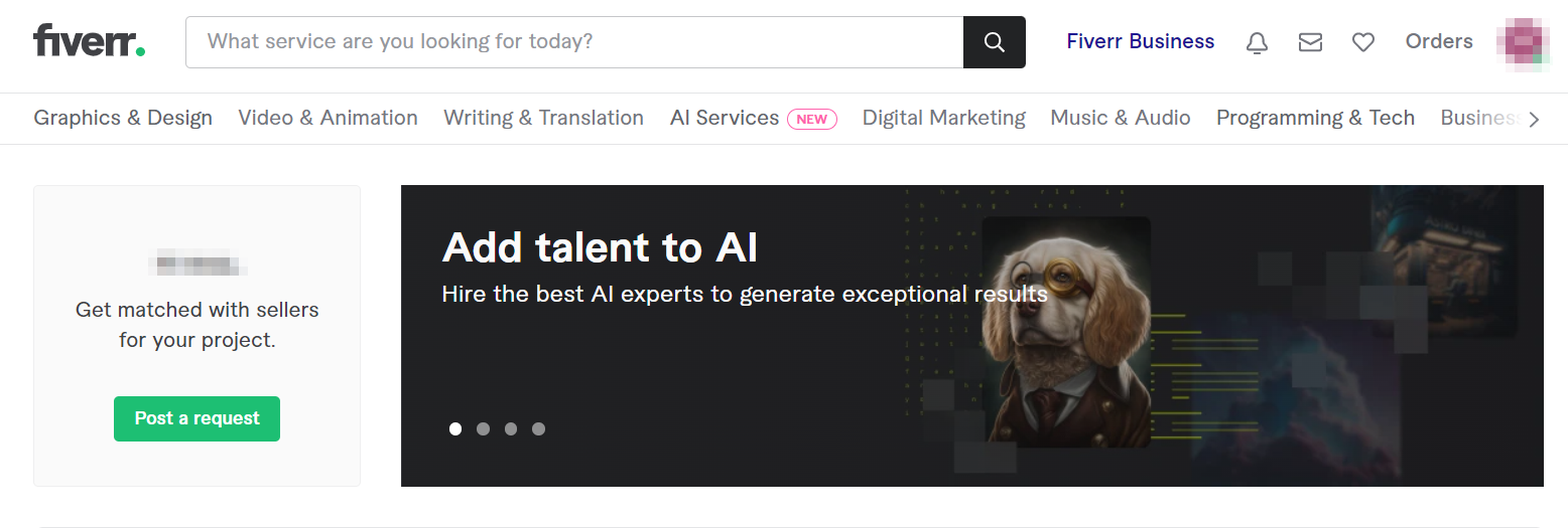 AI 이미지를 판매하는 fiverr.com 사이트 메인화면