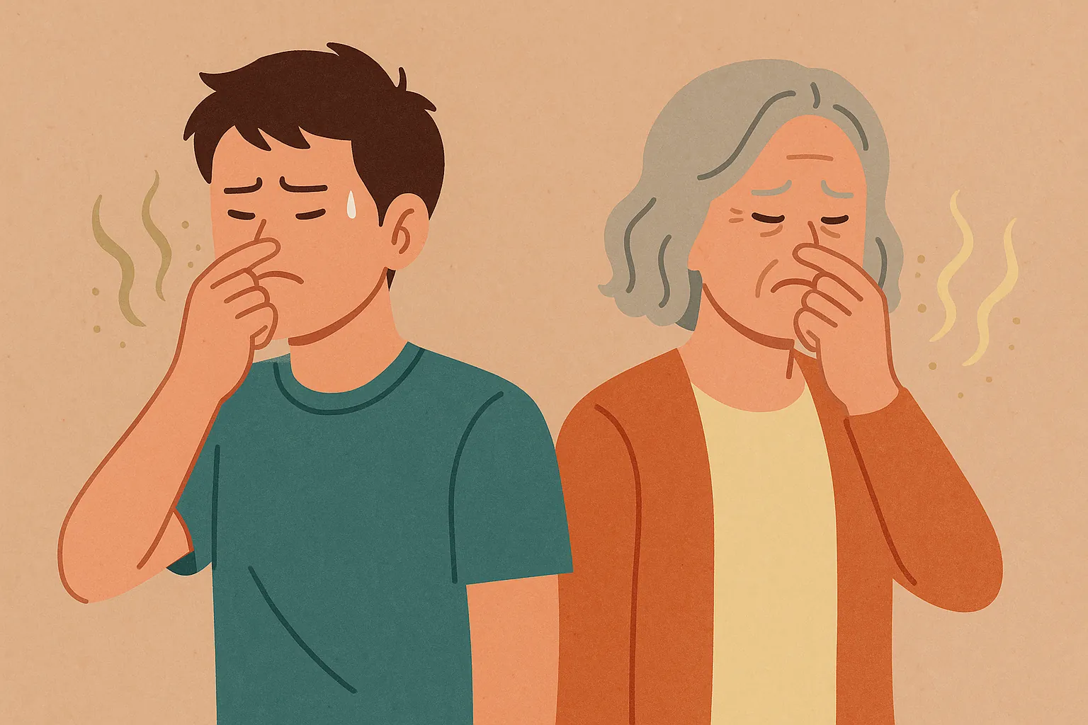 젊은 남성과 나이든 여성이 각각 코를 막고 체취에 반응하는 모습을 담은 평면 일러스트