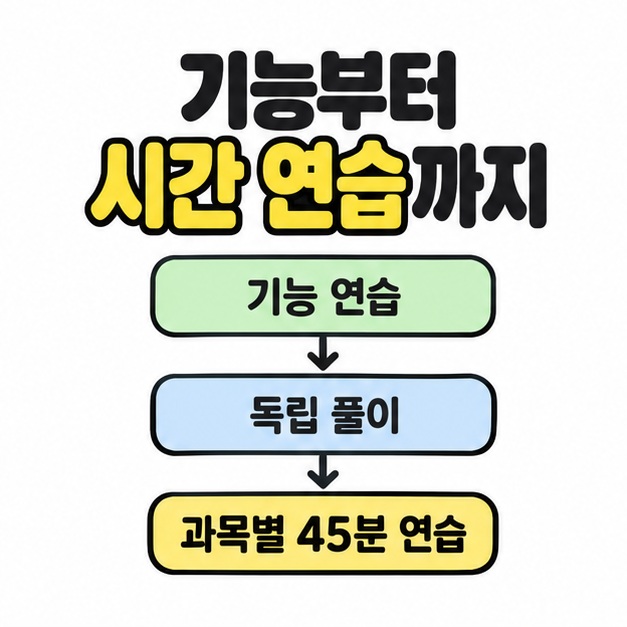 기능 연습에서 독립 풀이와 과목별 45분 연습으로 이어지는 세로 흐름도