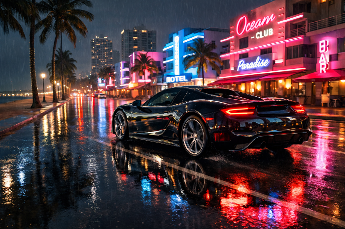 GTA 6의 레이 트레이싱 기술이 적용된 바이스 시티의 극사실적인 야경