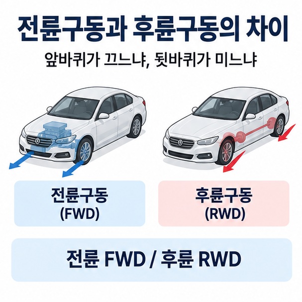 전륜구동과 후륜구동의 차이라는 제목과 앞바퀴가 구동되는 전륜차, 뒷바퀴가 구동되는 후륜차를 나란히 비교한 대표 이미지