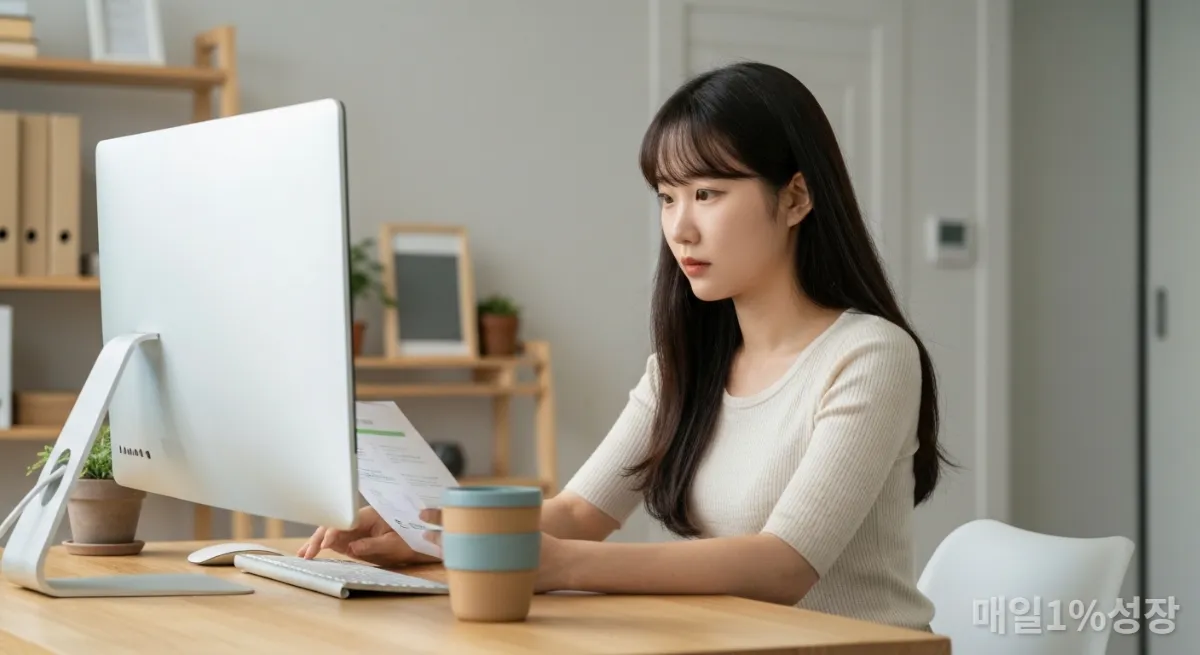 집에서 ESG 투자 보고서를 검토하는 한국 MZ세대 여성