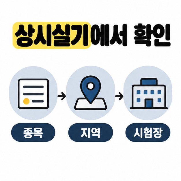 상시실기에서 종목과 지역과 시험장을 순서대로 확인하는 세 단계 선택 흐름도
