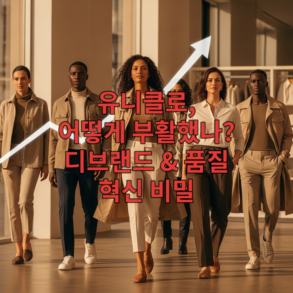 다양한 연령대의 사람들이 유니클로 스타일의 고품질 기본 의류를 입고 자신감 있게 서 있는 모습. 배경에는 매출 상승을 나타내는 그래픽 요소가 은은하게 보인다.