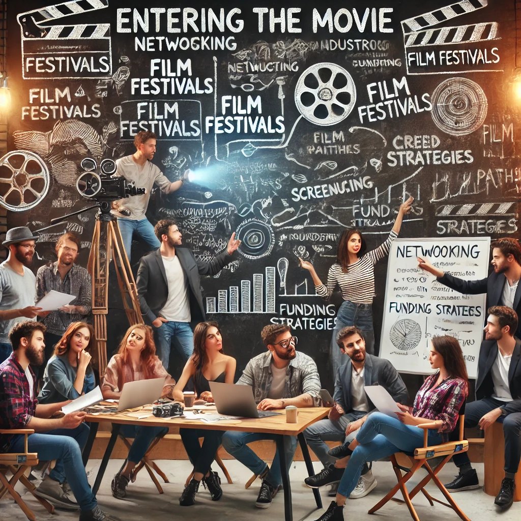 사람들이 모여서 영화산업 진출에 대해서 이야기하고 있는 사진