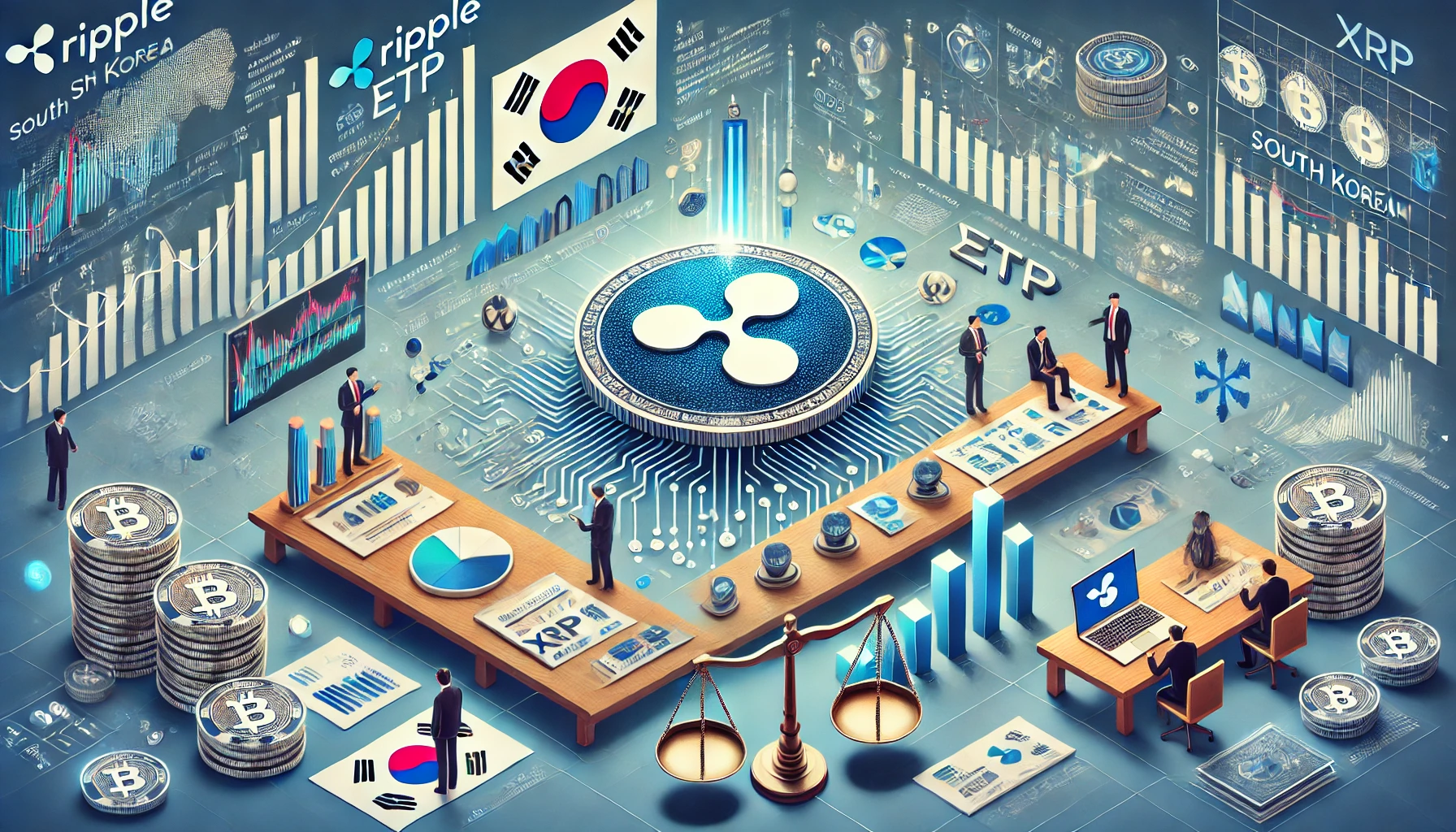 엑스알피(XRP) ETF 가능성과 한국 가상 자산 시장 공개에 대한 정보가 연상되는 이미지