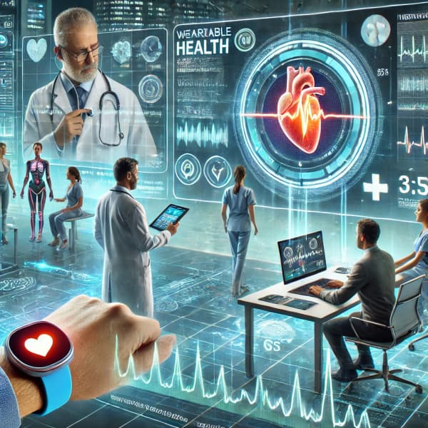 원격 진료를 진행하는 의료진과 환자의 화상 회의 화면, 스마트워치, 피트니스 밴드 등 웨어러블 기기를 착용한 사람들, 데이터 분석을 통해 건강 정보를 시각화한 인포그래픽
의료 IT 시스템 운영 및 보안 관리 장면