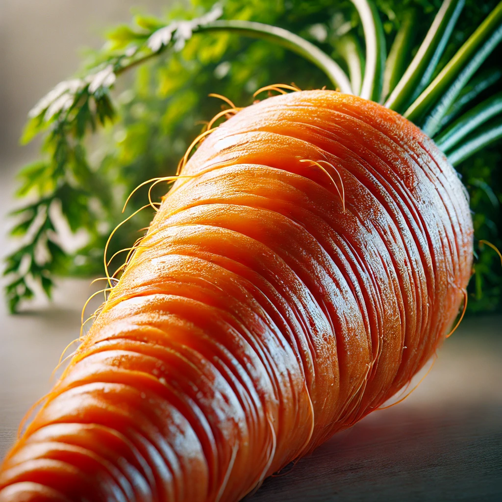 신선한 주황색 당근의 거친 질감과 녹색 잎이 보이는 클로즈업 초현실 이미지