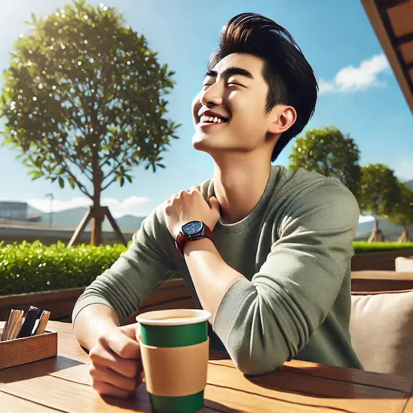 봄날 야외 카페에서 커피를 들고 스트레칭하는 동양인 남성