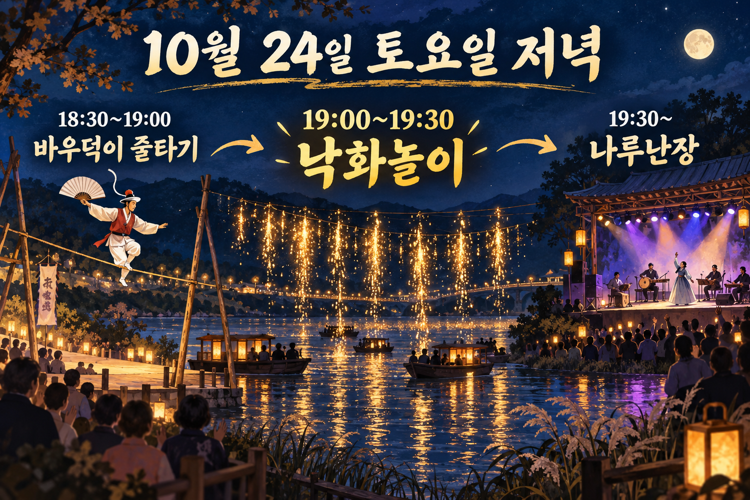 10월24일18시30분 줄타기,19시 낙화놀이,19시30분 나루난장으로 이어지는 공연 순서