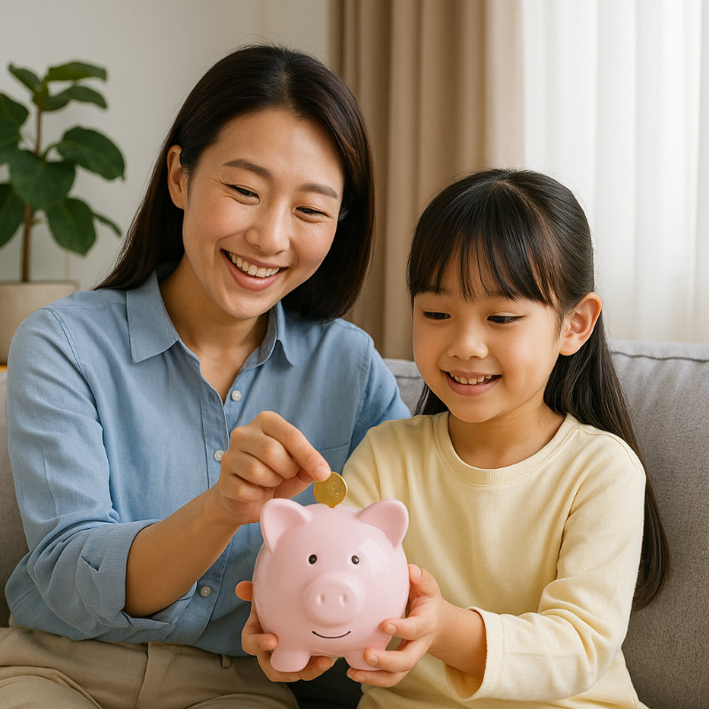 엄마와-아이가-저금통에-동전을-넣고-있음