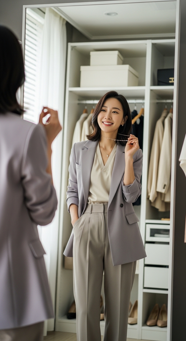거울 앞에서 코디를 고민하며 웃고 있는 세련된 직장인 모습