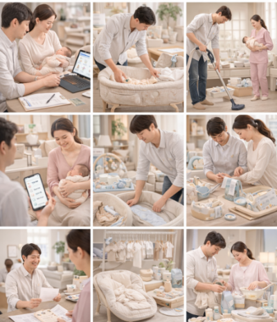 출산 후 남편이 아기와 함께 육아 정보를 정리하는 모습, 공동육아 장면