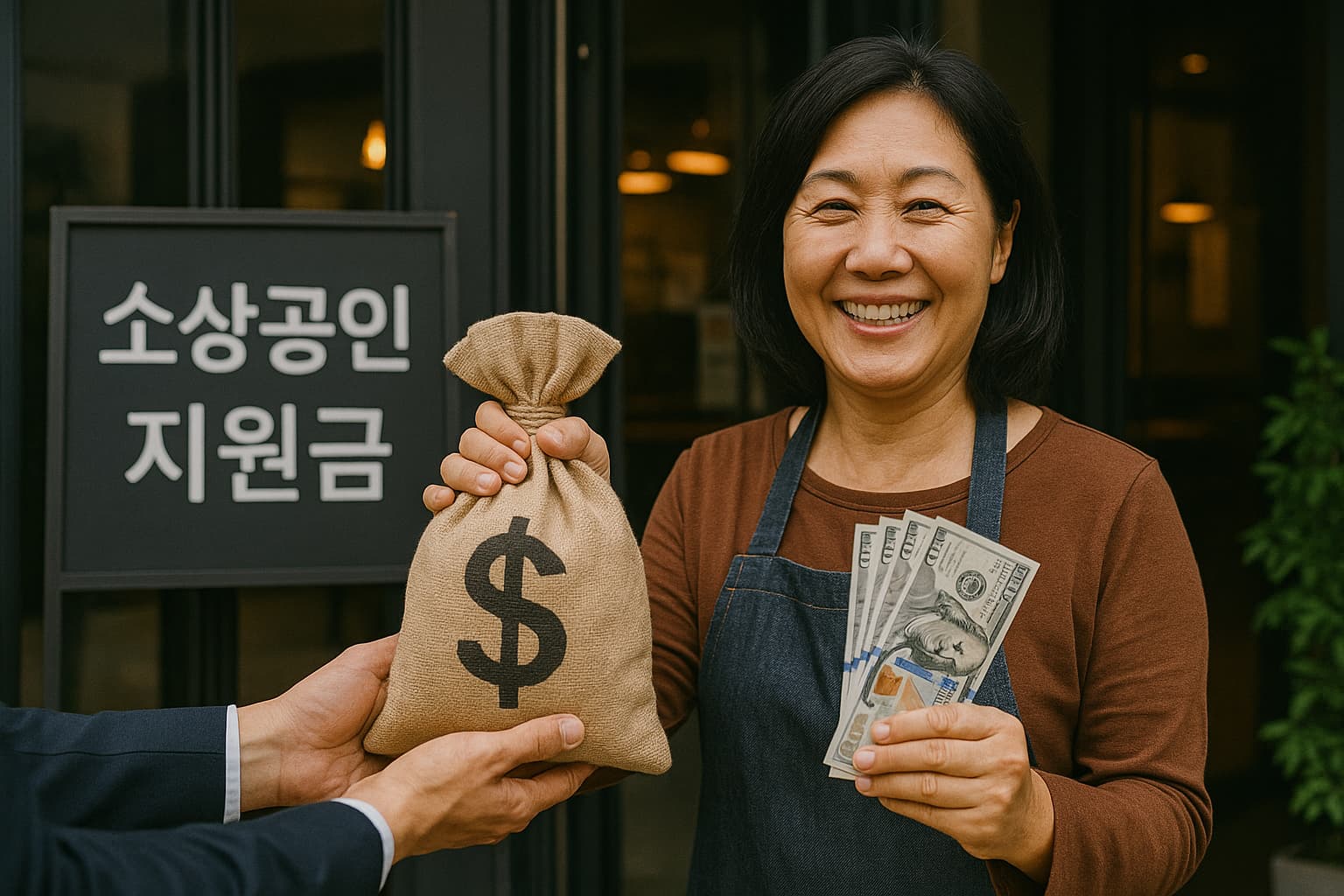 소상공인 지원금 안내판 앞에서 현금과 돈 자루를 받는 여성 사업가