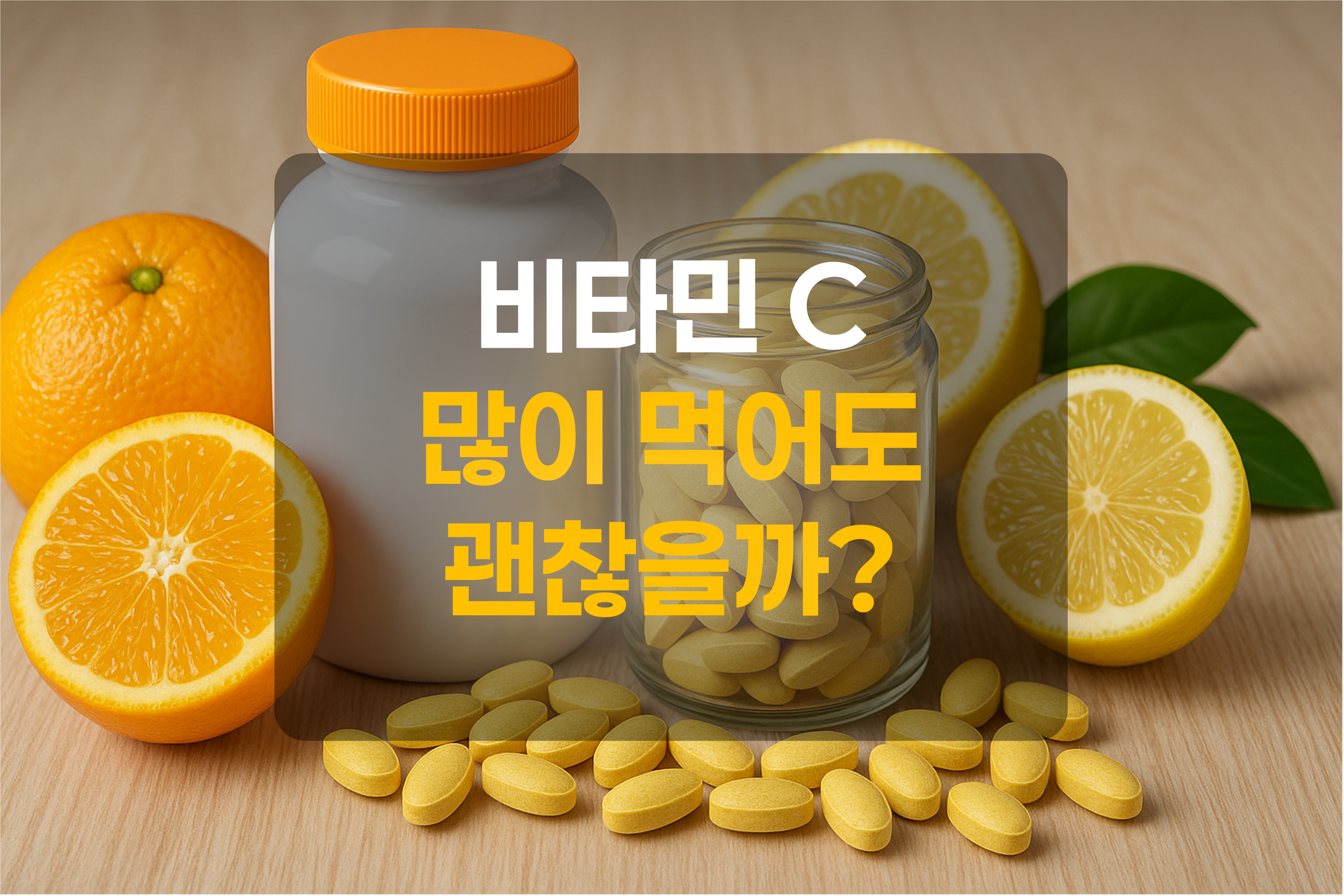 비타민C를 연상하는 과일(오렌지, 레몬)과 영양제를 표현한 그림