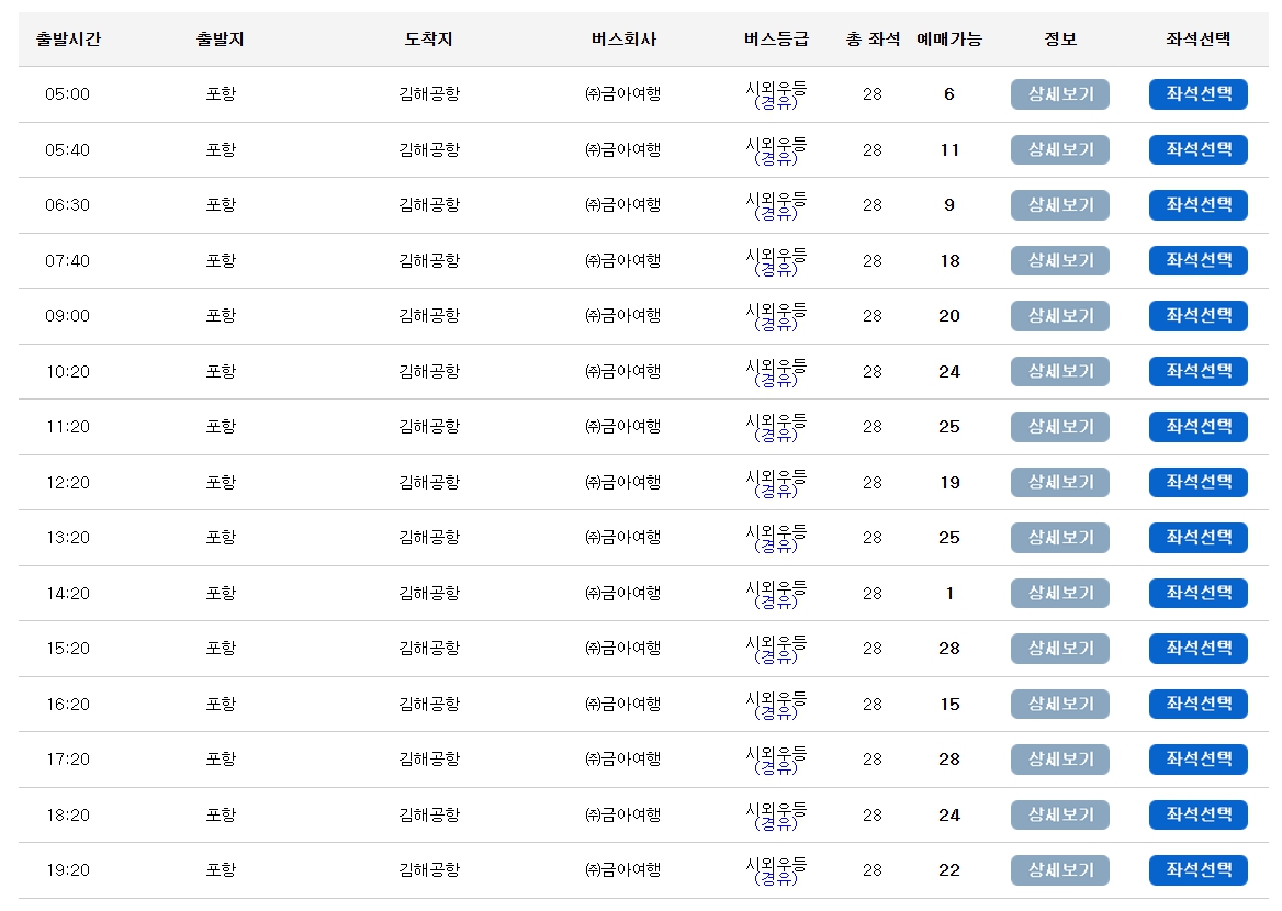 포항 김해공항 리무진 버스 노선 시간표 요금 예약방법