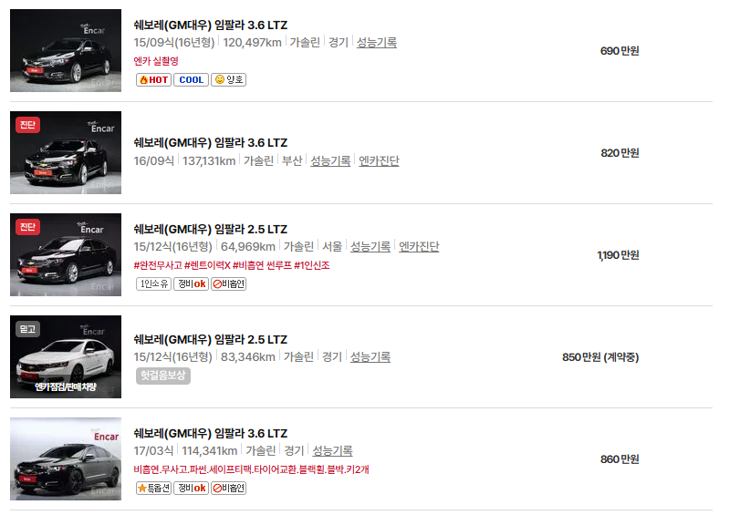 쉐보레 임팔라 중고차 가격 시세표 유지비