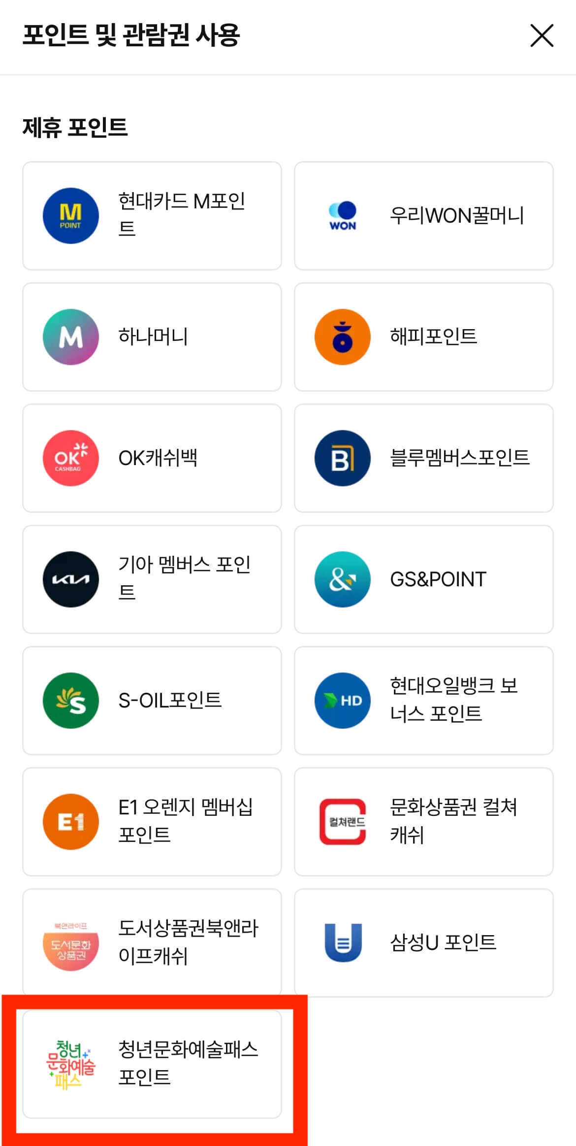 CGV 앱 내에서 제휴 포인트 내 청년문화예술패스 선택 화면