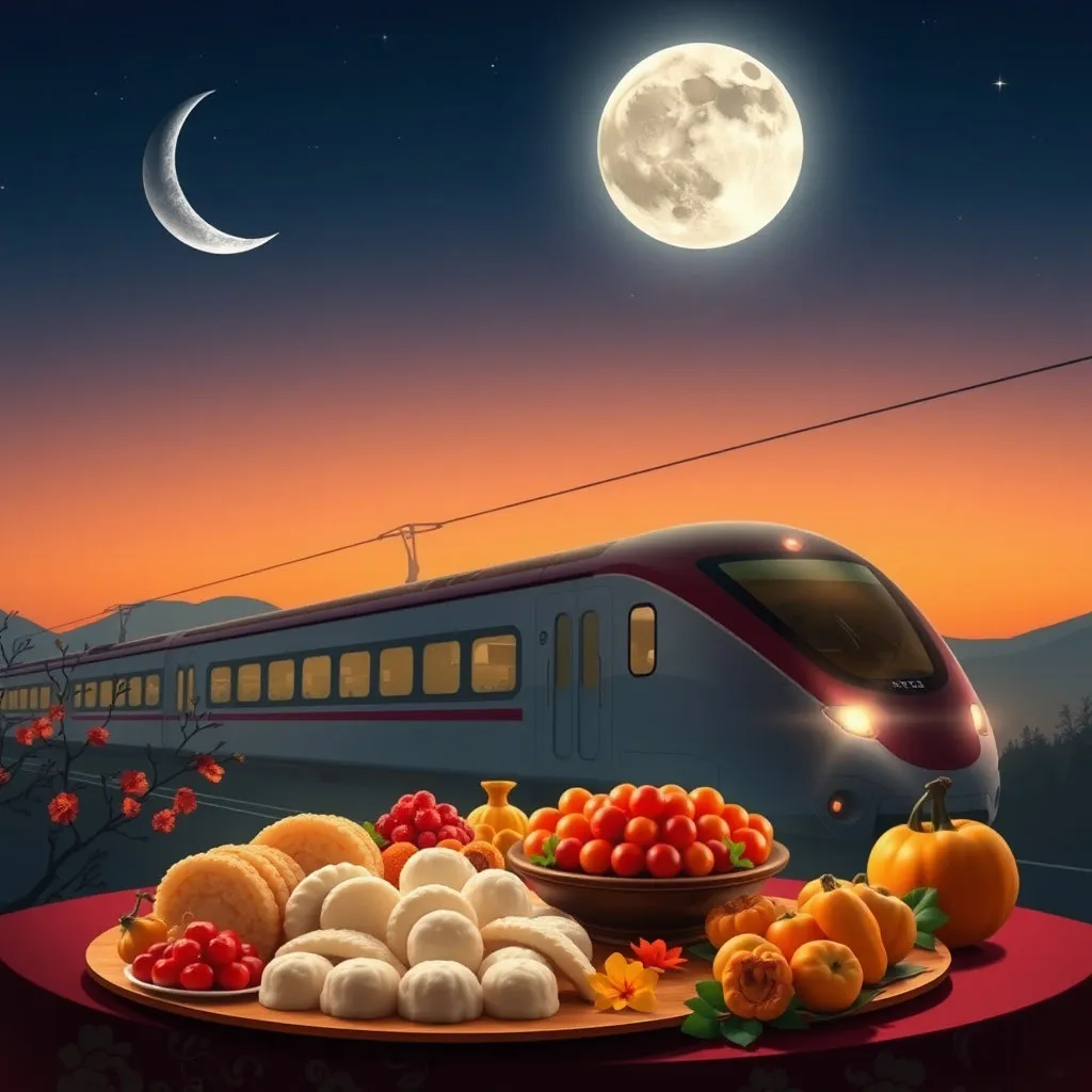 초승달과 밝은 보름달이 함께 뜬 밤하늘 아래, 추석의 상징인 송편과 대추, 감 등 먹거리들이 풍성하게 차려진 상차림이 보입니다. 상차림 뒤편으로는 KTX가 어둠 속을 밝히며 부드럽게 지나가는 실루엣이 보여, KTX가 추석의 풍요로움과 함께함을 상징적으로 나타냅니다. 전체적으로 은은하고 신비로운 분위기를 연출합니다.
