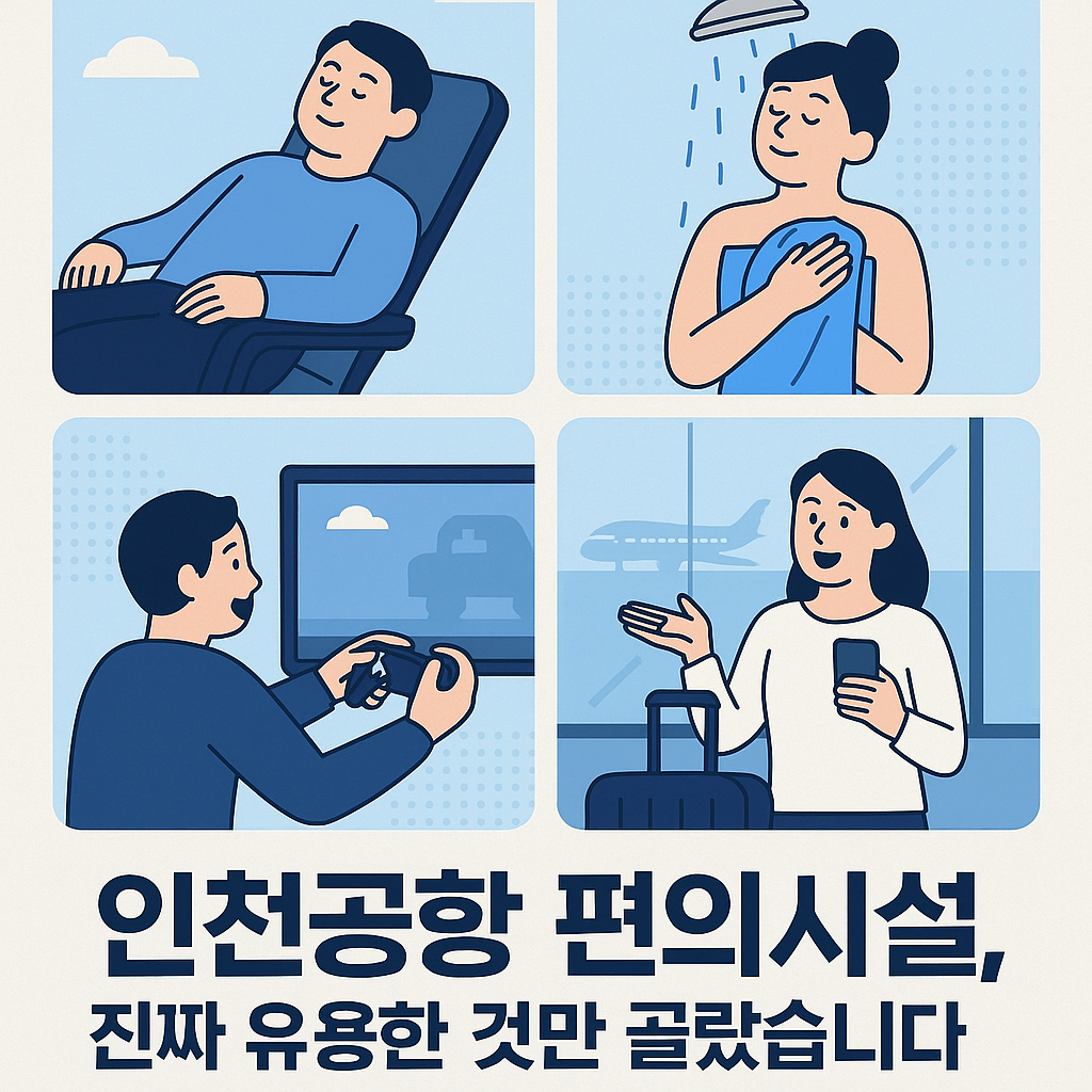 인천공항 편의시설 TOP 5-샤워하는 여성, 의자에앉아 휴식을 취하는 남성, 게임을즐기는 남성, 짐을 맡기는 여성