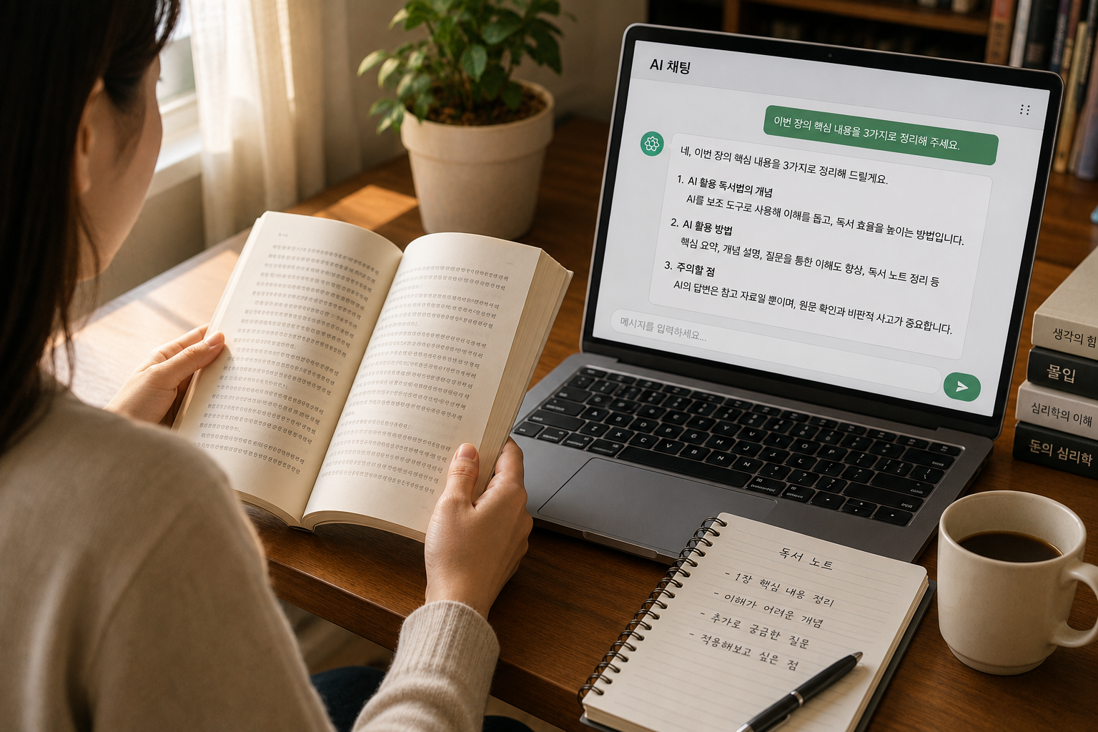 노트북의 AI 대화 화면과 책을 함께 두고 독서하는 모습