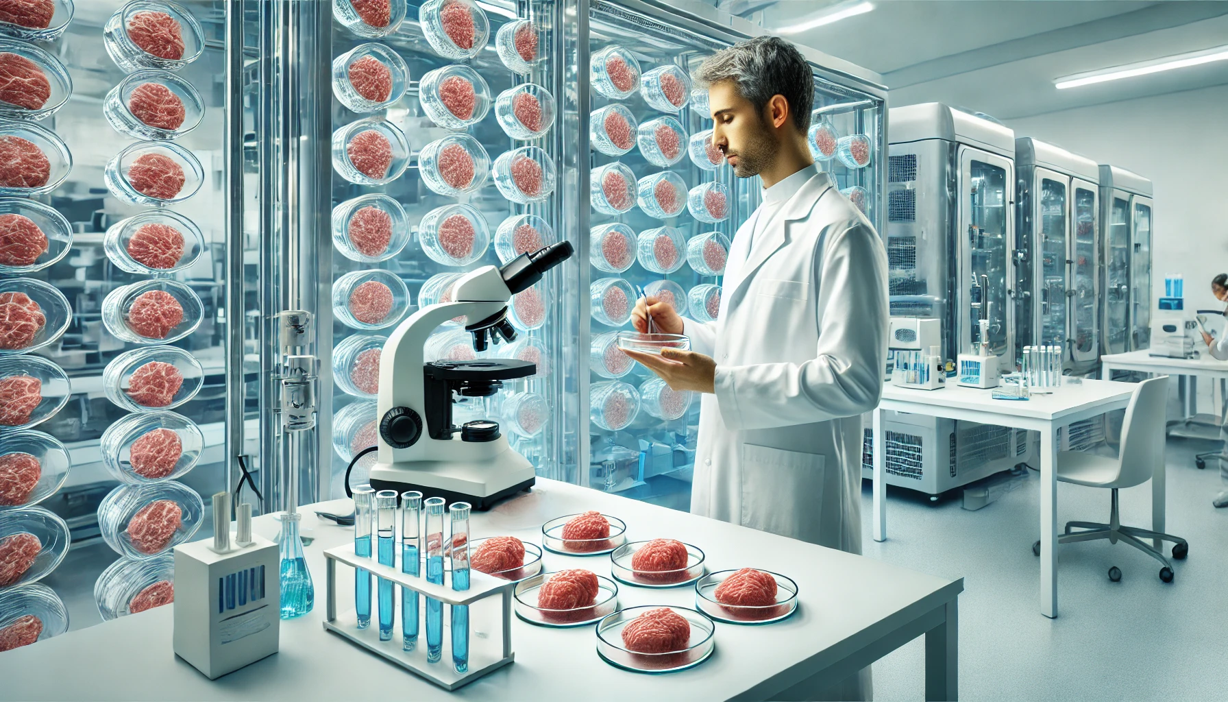 배양육 실험실에서 연구원이 대체 단백질을 개발