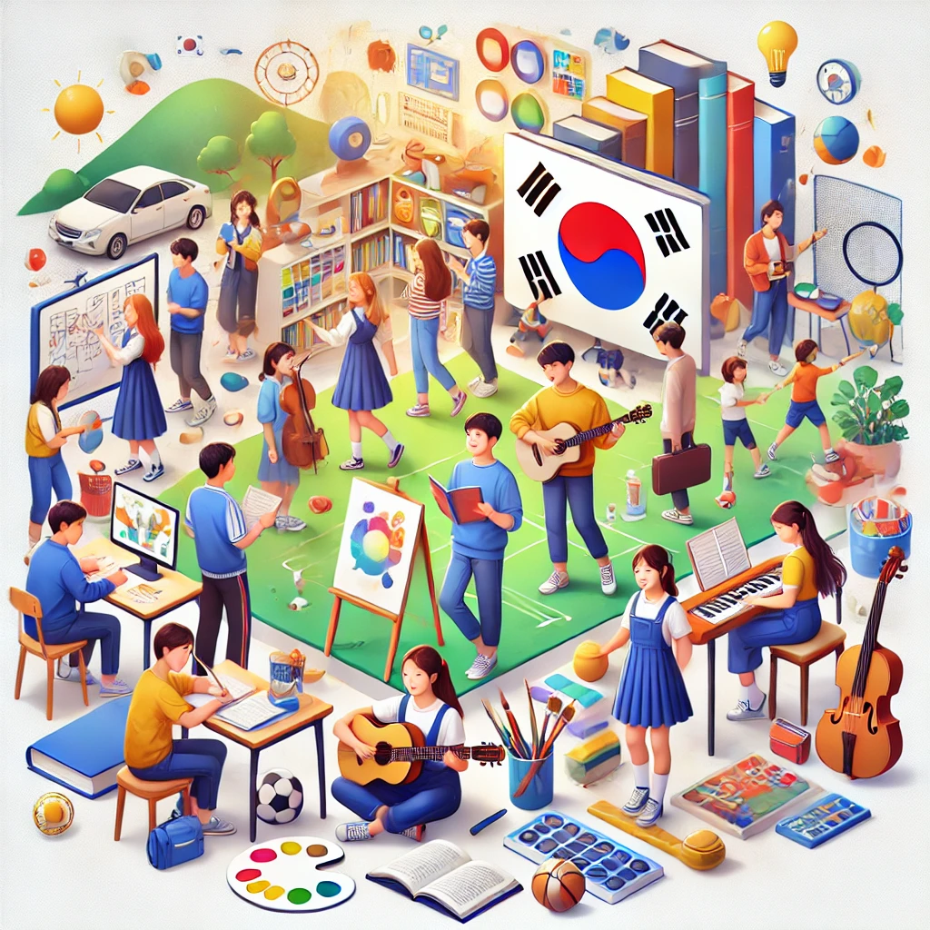 한국의 청소년들이 다양한 교육 및 창의적 활동을 하는 모습이 담긴 밝고 현대적인 일러스트입니다. 학생들은 공부를 하거나, 악기를 연주하고, 그림을 그리며, 스포츠를 즐기는 등 각자의 꿈을 키워가는 모습입니다. 주변에는 책, 미술 도구, 운동 기구 등이 배치되어 있어 학습과 자기계발을 지원하는 따뜻한 환경이 조성되어 있습니다. 이 이미지는 청소년 지원 프로그램의 희망적인 분위기와 성장의 기회를 상징합니다.