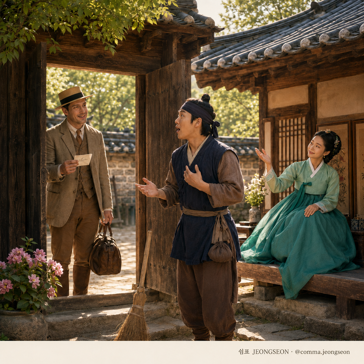 한옥 대문 앞에서 긴장한 마당쇠가 외국 손님에게 처음으로 영어 인사를 건네고, 대청마루의 마님이 대견한 미소로 지켜보는 장면