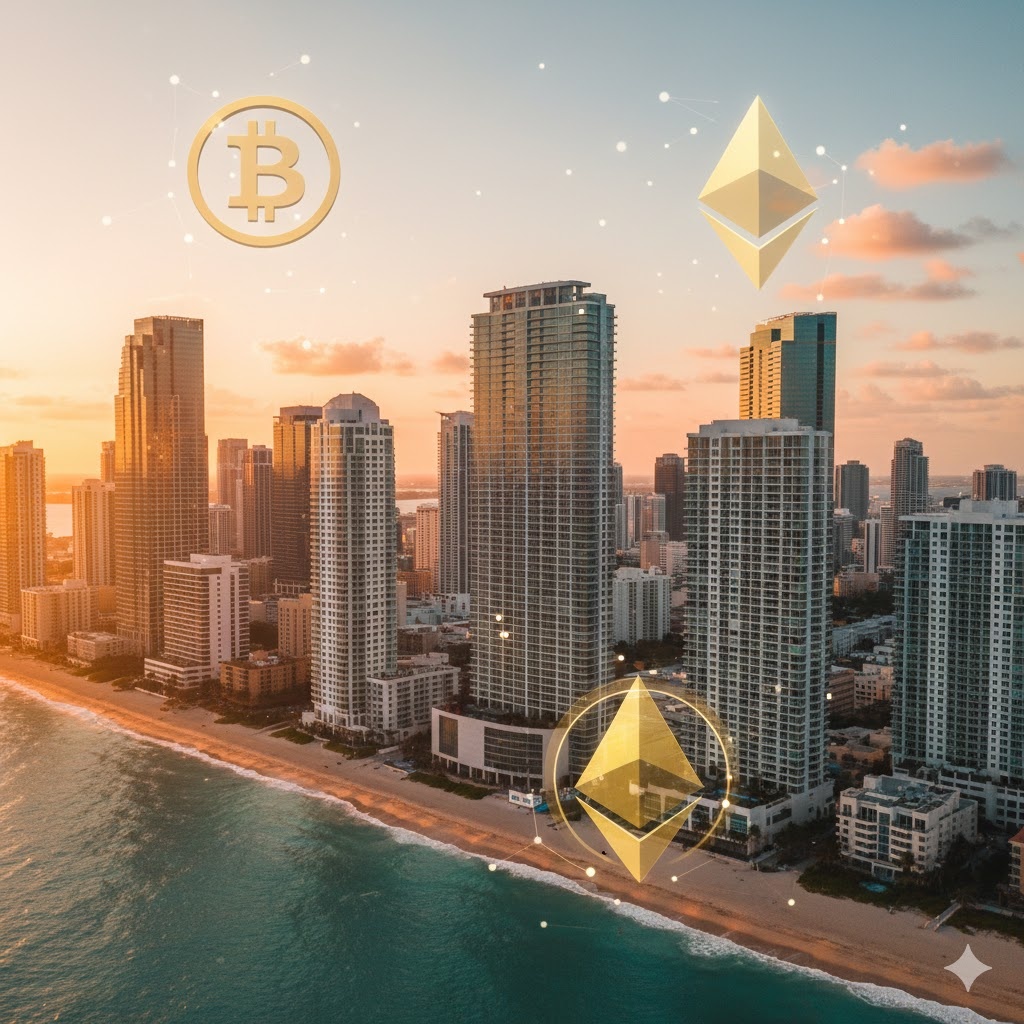 A professional 1:1 cinematic photo of the Miami downtown skyline at sunset, featuring glowing golden Bitcoin and Ethereum icons in the sky, symbolizing the city's transformation into a global digital asset hub.