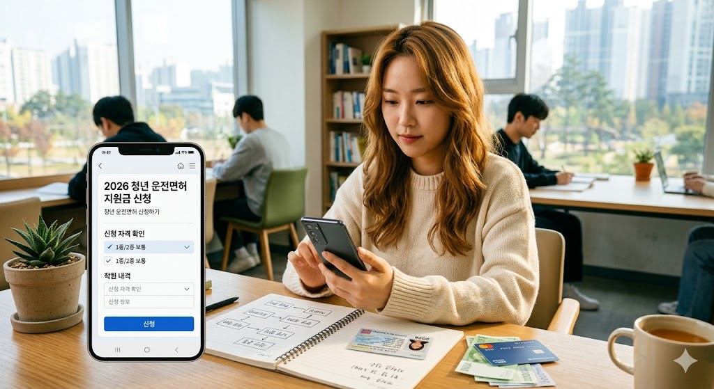 2026년 청년 운전면허 취득 지원금 신청을 스마트폰 앱으로 확인하는 모습과 책상 위에 놓인 면허증 및 현금