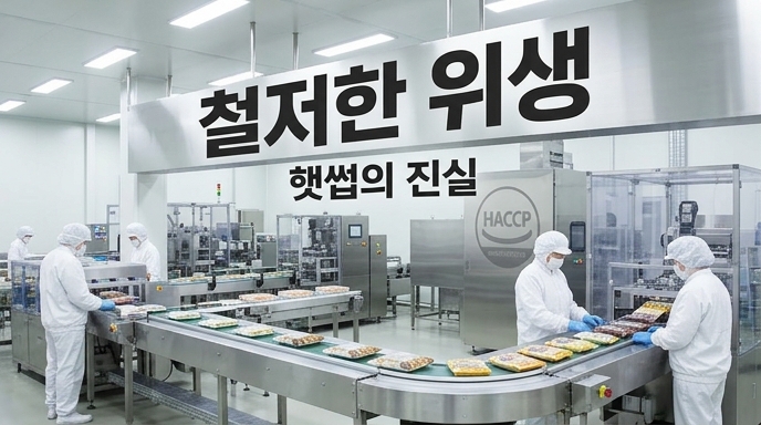 위생복을 입은 작업자들이 깨끗한 HACCP 제조 공장 컨베이어 벨트에서 작업 중인 사진. 상단에 '철저한 위생 햇썹의 진실' 텍스트 포함.