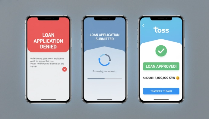 토스 비상금 대출 신청 부결과 재신청, 최종 100만원 승인 과정을 담은 스마트폰 화면들