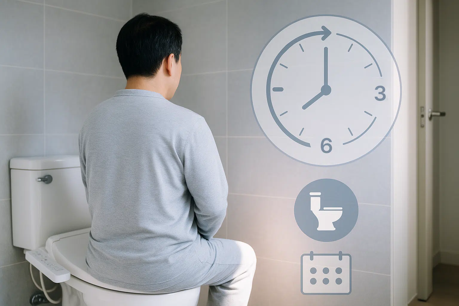 시계와 화장실 아이콘이 함께 있는 인포그래픽, 3시간마다 화장실 가는 습관을 표현, 편안하게 변기에 앉아 있는 남성의 뒷모습