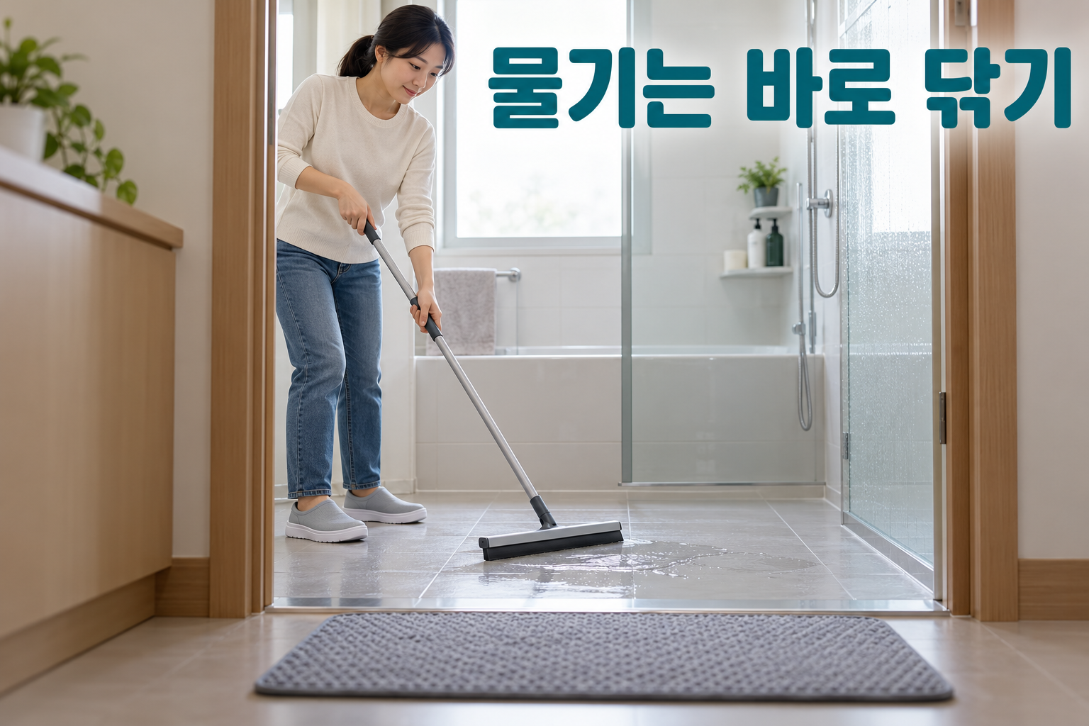 욕실 바닥 물기를 제거하고 평평한 매트를 확인하는 모습
