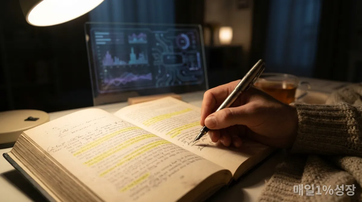 책에 메모하며 깊이 읽는 손과 AI 인터페이스가 보이는 장면